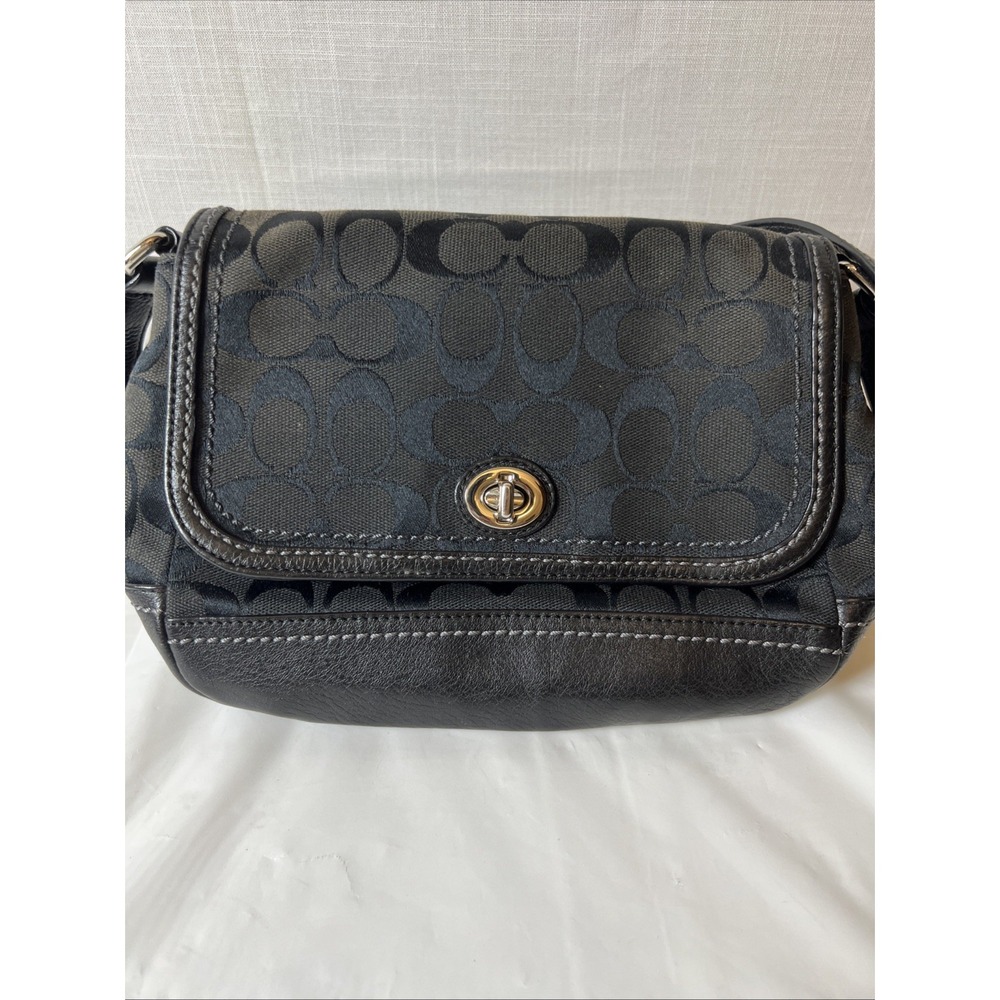 Coach F23286 Signature Black Jacquard Canvas Leather Turnlock Crossbody Bag